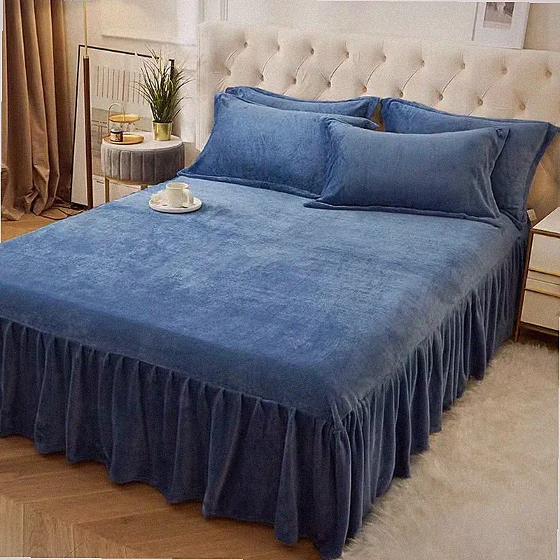 1PC Thick Winter Bed Skirt Sheet Velour Dust Cover Solid Warm Bedspread Beddings