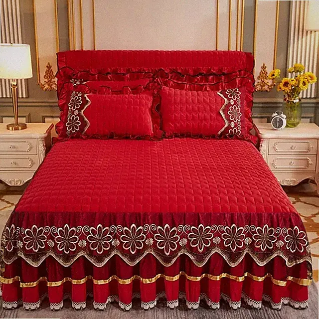 3 Pcs Color RedLuxuryQuilted Bed Skirt pillows Cases Winter Warm Thicken Velvet