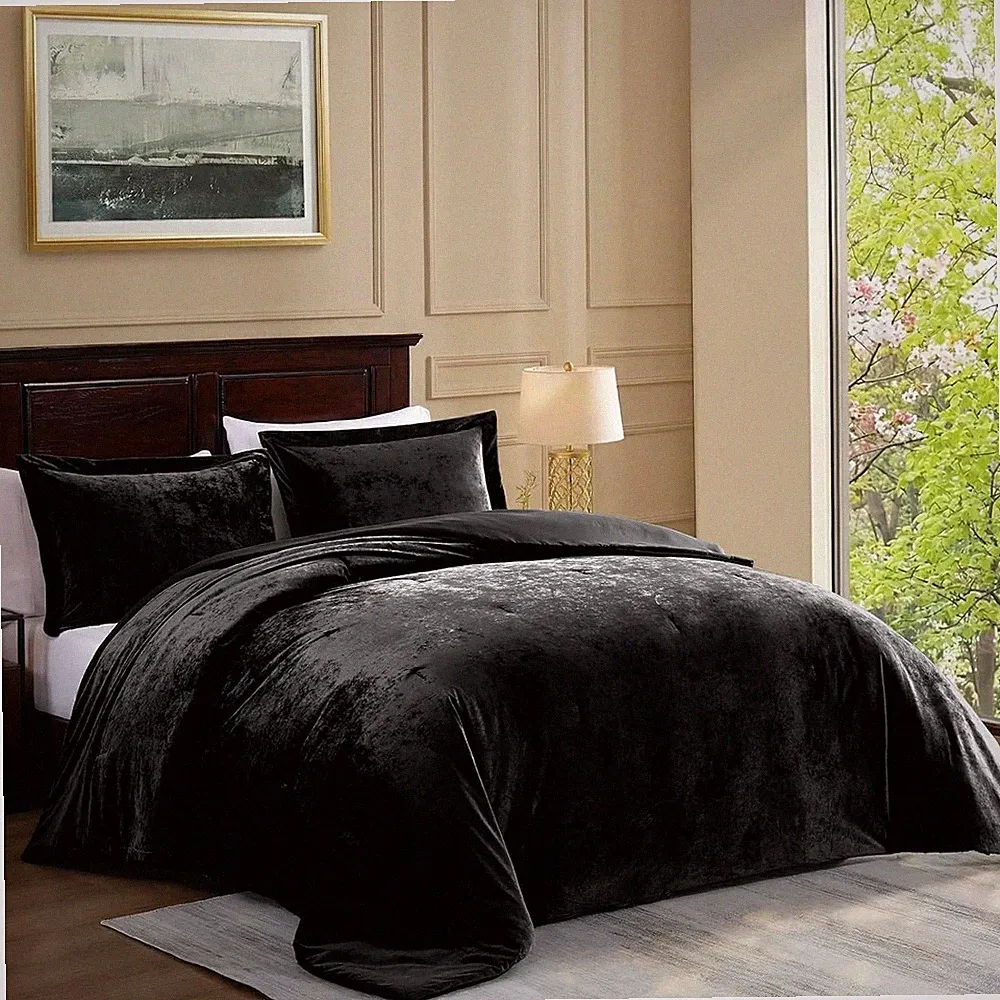 Black Crushed Velvet Queen Comforter Set 3-Piece Soft Luxury Bedding