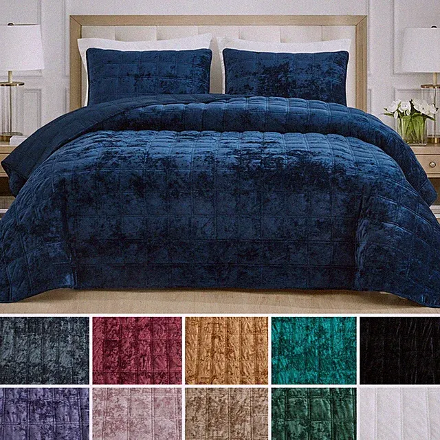 Chezmoi Collection 3-Piece Double Square Stitched Distressed Velvet Quilt Set
