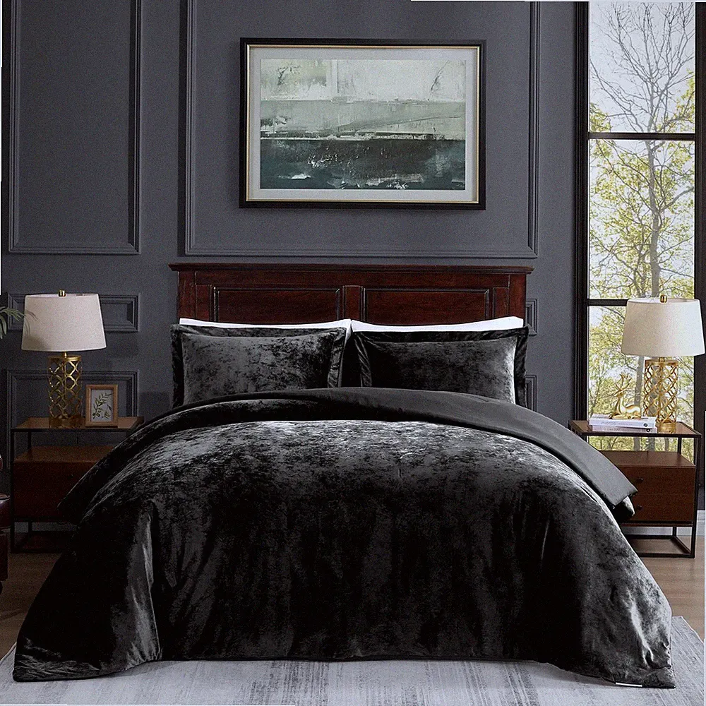 Crushed Velvet Comforter, Black Queen Comforter Set, Luxury Soft Velvet Beddi...