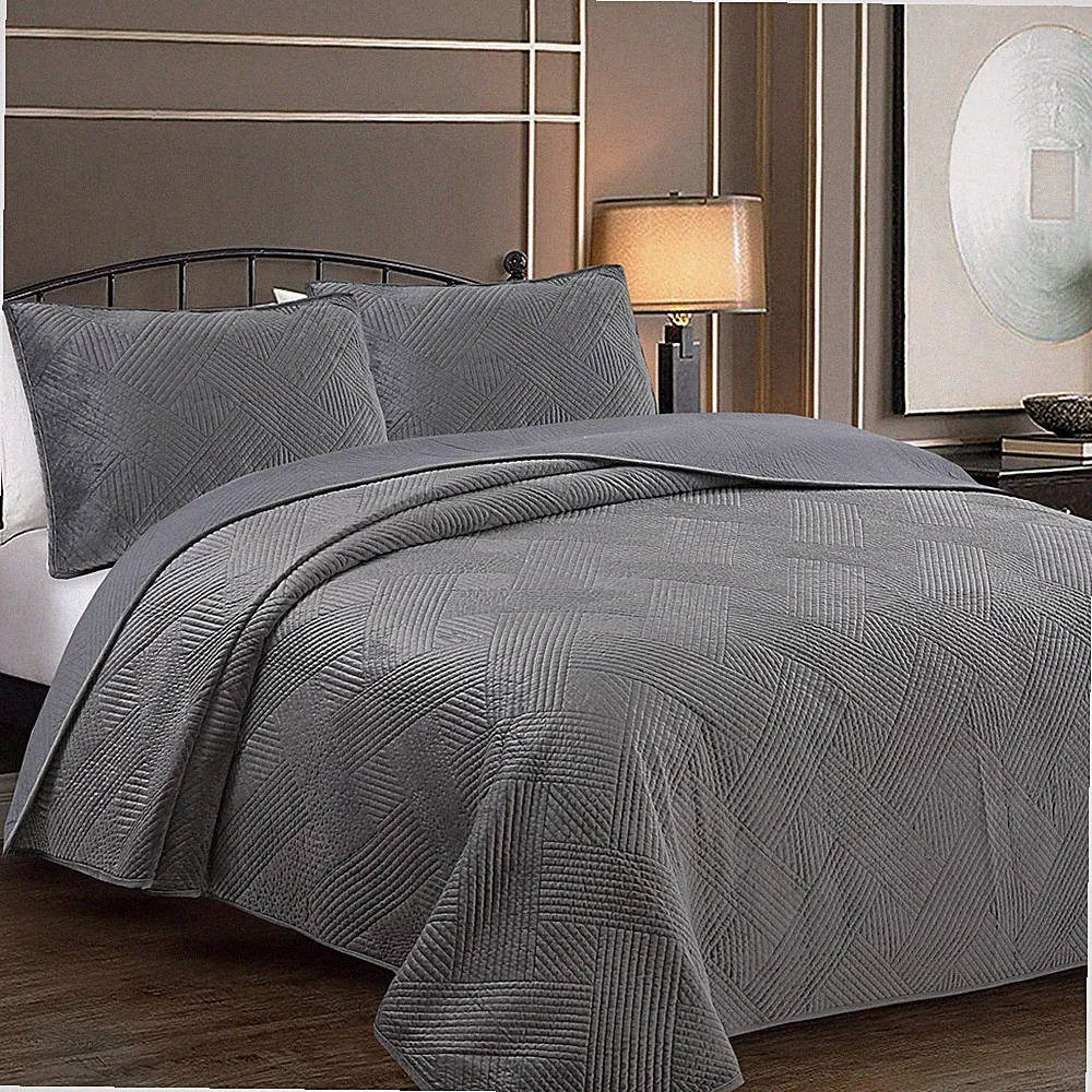 Dark Gray Velvet Basket weave Luxurious Velour Soft Quilt Bedding Set Bedspread