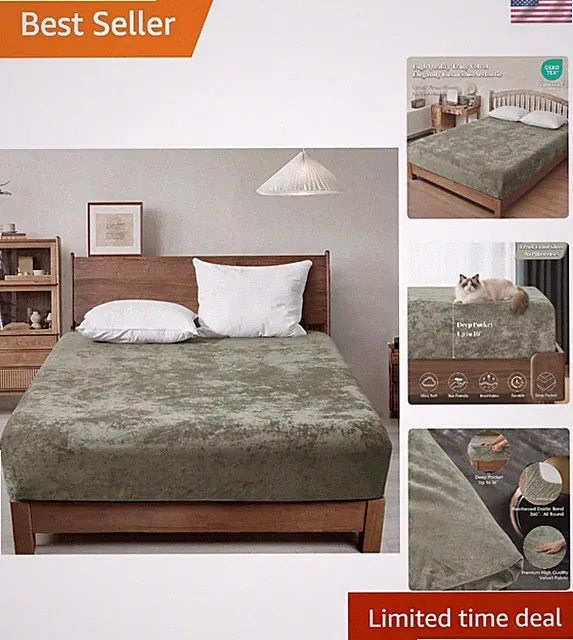 Elegant Twin Velvet Fitted Sheet - Ultra Soft with Deep Pocket, Smokey Olive