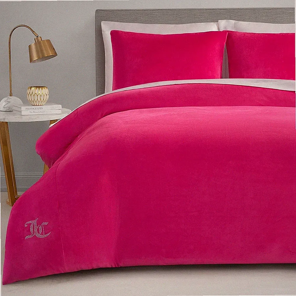 Hot Pink Velour Full/Queen Comforter Set - 3 Piece Luxury Bedding Ensemble