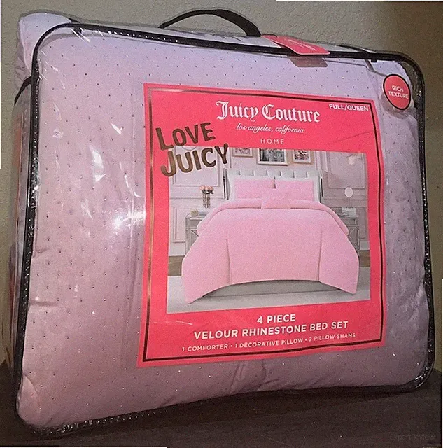 Juicy Couture Blush Pink Velour Rhinestone Sparkle Bling 4pc QUEEN Comforter Set