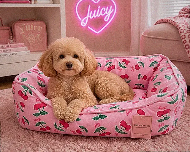 Juicy Couture Pink Cherry Velour Pet Bed Cuddler Dog Cat Coquette Glam NEW NET