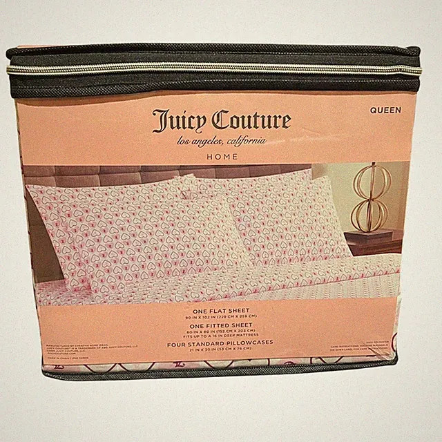 Juicy Couture Queen Sheet Set Heart Print Flat Fitted Pillowcases NEW
