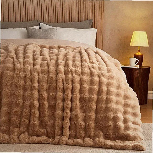Khaki Faux Fur Blanket - Large Bubble Rabbit Velvet Throw, 90x90 inches