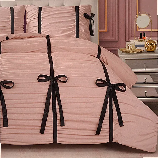 Light Pink Amelie Velvet Bows Ruched Queen/Full Comforter Set - 3 Piece Stylish