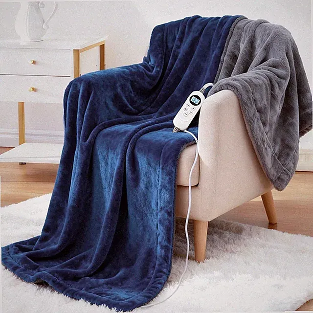 Luxurious Plush Velour Heated Throw — Reversible Gray & Dark Blue, 50" x 60"