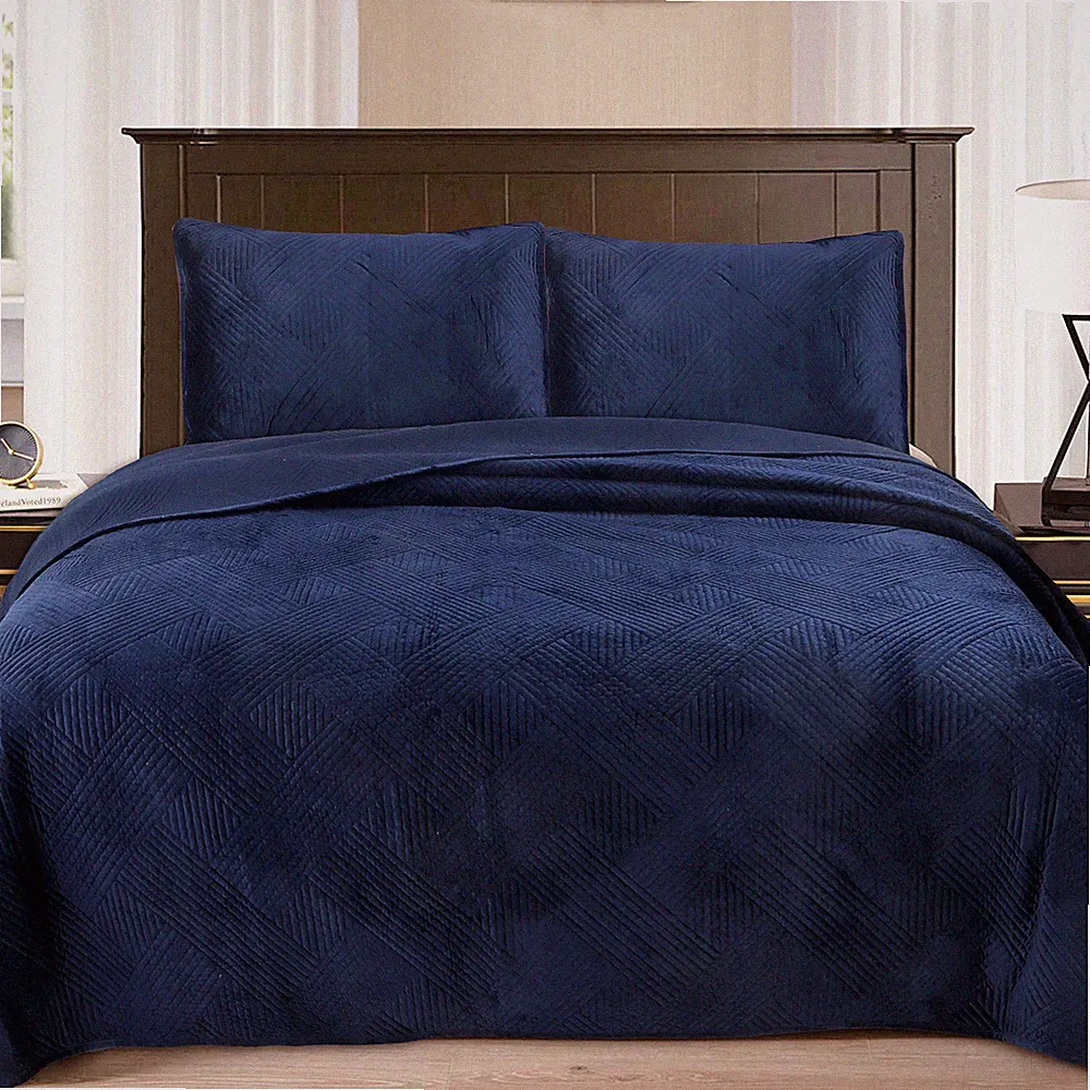Navy Blue Velvet Basket weave Luxurious Velour Soft Quilt Bedding Set Bedspread