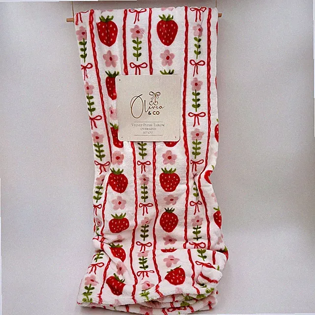 Olivia & Co Strawberry Bow Velvet Plush Throw Blanket Oversized 60x70 Red Pink