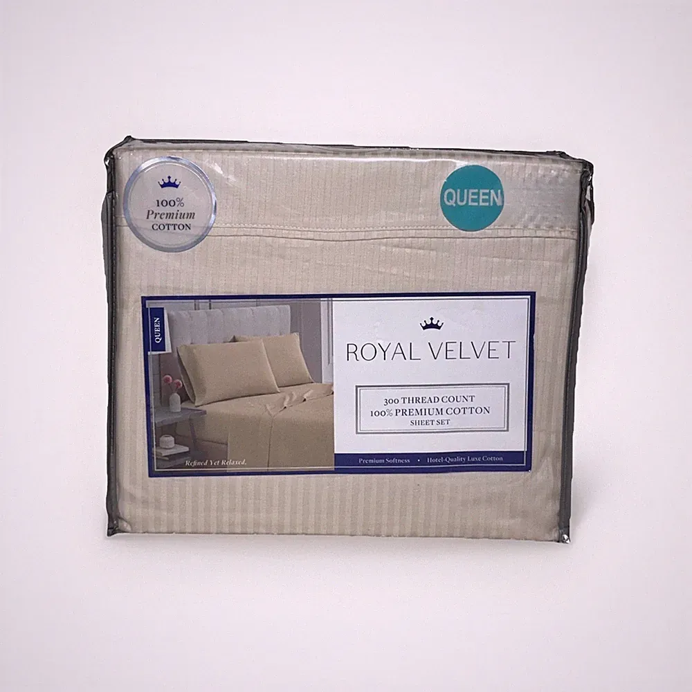 Royal Velvet Sheet Set Queen 300TC Beige 100% Cotton Bedroom Sheets Striped NEW