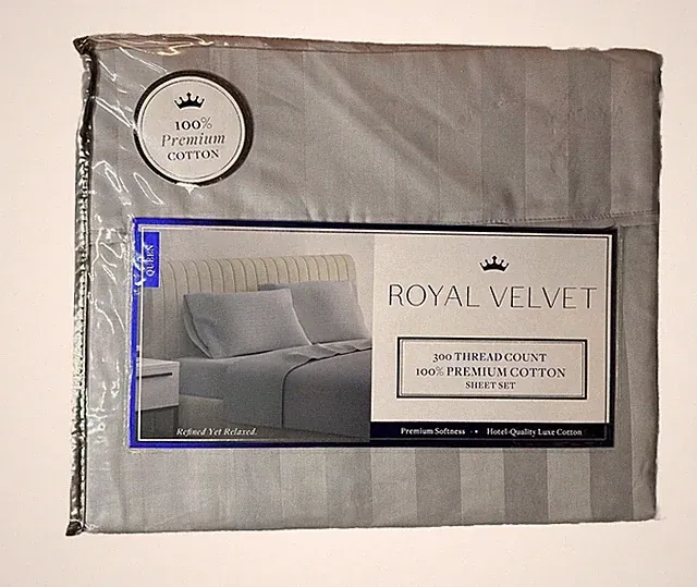 Royal Velvet Sheet Set Queen 300TC Gray 100% Cotton Bedroom Sheets NEW Striped