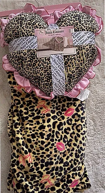 Set Juicy Couture Leopard Cheetah Plush Throw Blanket 60”X70” & Pillow 18”X18”