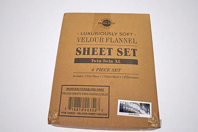 Ultra Soft Twin Extra Long Sheet Set Blue Plaid Velour Flannel Farmhouse