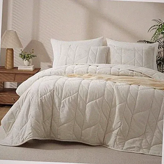 Velvet Quilt Set Size - Lightweight Bedspread Coverlet - Soft King Cream White